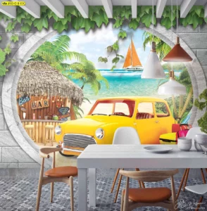 วอลเปเปอร์ 3D ทิวทัศน์ชายหาดเขตร้อนสไตล์วินเทจทรอปิคอล ภาพงานศิลปะตกแต่งภายในสำหรับห้องครัว