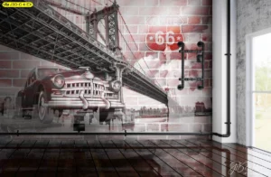 วอลเปเปอร์สั่งพิมพ์ 3D รถคลาสสิกสะพานเมืองโทนสีแดงน้ำตาลสไตล์วินเทจอินดัสเทรียลตกแต่งห้องทำงานโชว์รูมรถสะสม