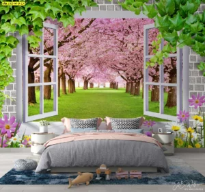 ภาพติดผนังห้องวัยรุ่น ทิวทัศน์ดอกซากุระสีชมพูผ่านหน้าต่างสไตล์โรแมนติกในห้องนอน
