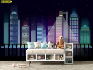 ภาพกราฟิกเมืองกลางคืนไฟนีออนตึกสูง โทนม่วงน้ำเงิน เหมาะทำฉากหลังห้องของเล่นเด็ก พิมพ์ผ้าแคนวาสหรือสติ๊กเกอร์ 3M ปรับสเกลตามผนังจริง​