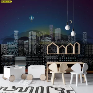 ภาพเมืองยามค่ำคืนมิติซ้อนดวงดาว บอลลูนลอยฟ้า เหมาะวางหลังโต๊ะกิจกรรมเด็ก โทนเข้มช่วยเน้นของเล่นไม้สีอ่อน