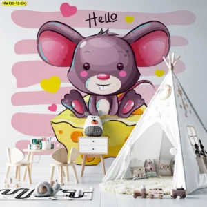 วอลเปเปอร์การ์ตูนหนูสีม่วงนั่งบนชีสโทนพาสเทล พร้อมหัวใจน่ารัก เหมาะมุมเล่นเด็กผู้หญิง สร้างบรรยากาศสนุกสดใส