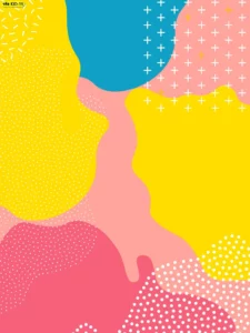 วอลเปเปอร์กราฟิกแอ็บสแตรกต์โทนเหลือง–ชมพู–น้ำเงิน พร้อมลายจุดและเครื่องหมายบวก เหมาะแต่งห้องเด็ก สตูดิโอศิลปะ และมุมถ่ายคอนเทนต์ ช่วยสร้างบรรยากาศสนุกกระตุ้นจินตนาการ