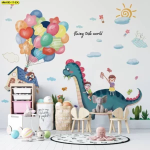 วอลเปเปอร์แต่งห้องเด็ก ลายไดโนเสาร์และบ้านลูกโป่งสีสดใส เหมาะสำหรับตกแต่งโซนกิจกรรม STEAM ในบ้านช่วยให้ห้องเรียนรู้เด็กดูสนุกและมีจินตนาการมากขึ้น
