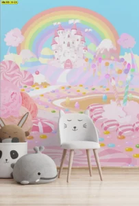 วอลเปเปอร์ห้องเด็กผู้หญิง ฉากปราสาทแคนดี้รุ้งพาสเทลสำหรับมุมเล่นเด็กหญิง รายละเอียดลูกกวาดหลากสี เหมาะพิมพ์เต็มผนังผ้าแคนวาสหน้ากว้าง​