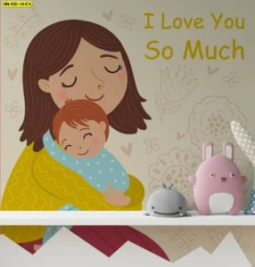 ภาพศิลปะแม่ลูกกอดกันบนพื้นหลังโทนอุ่น สำหรับวอลเปเปอร์ตกแต่งห้องเด็ก หรือมุมดูแลเด็กเล็ก ช่วยสื่อถึงความรัก ความผูกพัน และบรรยากาศอบอุ่นในบ้าน