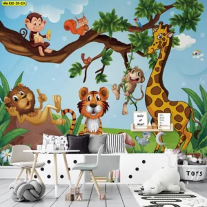 ภาพศิลปะสัตว์ป่าน่ารักสไตล์ Cartoon โทนสีฟ้าสดใสพื้นหลังท้องฟ้า เหมาะติดผนังคลินิกเด็กและ Family Restaurant สร้างพื้นที่ถ่ายรูปสวย