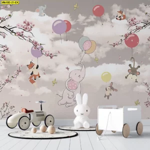 วอลเปเปอร์ลายสัตว์ป่าการ์ตูนบนพื้นโทนอ่อน เหมาะสำหรับห้องเด็กอนุบาล และโซนอ่านนิทาน เน้นเสริมบรรยากาศสบายตา