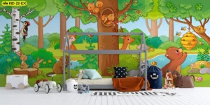 วอลเปเปอร์ภาพสัตว์ป่าสไตล์การ์ตูนน่ารักโทนสีเขียวอ่อน เหมาะตกแต่งมุมเล่นเด็กในห้างและร้านตัดผมเด็กสร้างความสนุกสนาน