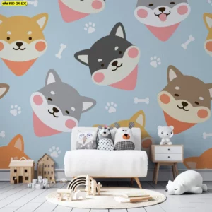 วอลเปเปอร์แต่งห้องเด็ก ลายสัตว์หัวสุนัขชิบะโทนพาสเทลน่ารัก เหมาะสำหรับห้องนอนเด็กและมุมอ่านนิทานในบ้าน ช่วยสร้างความอบอุ่นผ่อนคลายให้พื้นที่เล่นและเรียนรู้