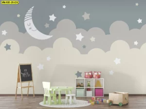 วอลเปเปอร์ห้องเด็กลายดวงจันทร์ยิ้มเมฆและดาวสไตล์มินิมอลสแกนดิเนเวียนโทนสีเทาครีมเหมาะสำหรับห้องนอนเด็กเล็กบรรยากาศสงบ​