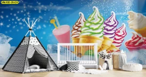 วอลเปเปอร์ภาพไอศกรีมและสมูทตี้สีสดใสบนพื้นหลังน้ำแข็งสีฟ้า เพิ่มความสดชื่นให้การเล่นในบ้านทุกฤดูได้มากกว่าห้องทั่วไป