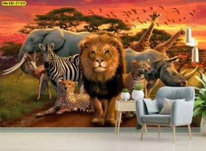 ภาพศิลปะสัตว์ป่าท้องฟ้ายามพระอาทิตย์ตกสไตล์ Photorealistic โทนสีแดงส้ม เหมาะติดผนังห้องรอคลินิกทันตกรรมเด็กสร้างความประทับใจ