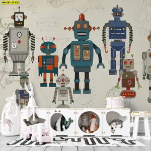 วอลเปเปอร์ห้องเด็กผู้ชาย ลายหุ่นยนต์วินเทจสไตล์ภาพวาดมือโทนสีโลหะและเบจพร้อมสูตรคณิตศาสตร์เบื้องหลัง