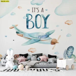 ภาพติดผนังห้องลูกชายลายเครื่องบินสีพาสเทลสไตล์วอเตอร์คัลเลอร์โทนสีฟ้าอ่อนและครีมเหมาะสำหรับห้องเด็กผู้ชาย