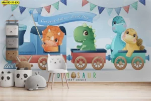 วอลเปเปอร์สั่งพิมพ์ห้องนอนเด็กลายไดโนเสาร์น่ารักขี่รถไฟสีสันสดใสโทนสีฟ้าเขียวส้มสไตล์การ์ตูน
