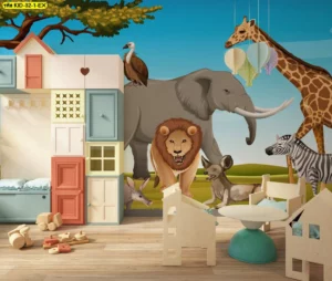 วอลเปเปอร์ภาพสัตว์ป่าแอฟริกาผสมการตกแต่งสไตล์ Creative โทนสีฟ้าชมพู เหมาะตกแต่งมุมเล่นเด็กคลินิก และร้านอาหารครอบครัว