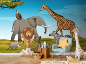 วอลเปเปอร์ลายสัตว์ป่า แอฟริกาสไตล์สมจริงโทนสีน้ำตาลเหลือง เหมาะตกแต่งห้องรอคลินิกเด็กและร้านอาหารครอบครัวสร้างบรรยากาศอบอุ่น