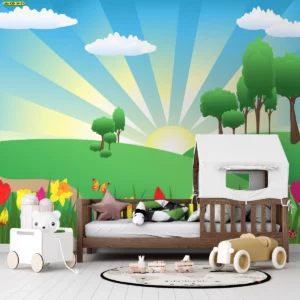 วอลเปเปอร์ภาพพระอาทิตย์ขึ้นสีสดใส พร้อมดอกไม้และต้นไม้เพิ่มชีวิตชีวา ดีไซน์เหมาะกับห้องเด็กหรือโซนกิจกรรมในบ้าน ช่วยสร้างแรงบันดาลใจและจิตนาการเด็กในทุกวัน