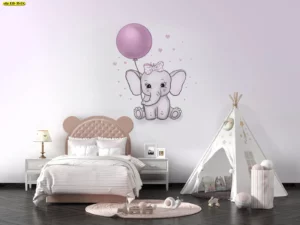 วอลเปเปอร์ห้องเด็กผู้หญิง ผนังหัวเตียงห้องเด็กหญิงโทนชมพูพาสเทล ลายช้างน้อยผูกโบว์ถือบอลลูน สไตล์ Kawaii