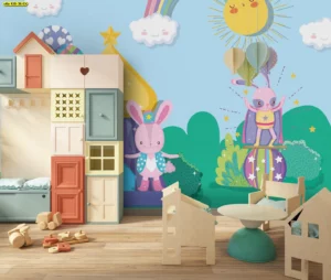 วอลเปเปอร์ลายการ์ตูน ภาพติดผนังห้องเรียนอนุบาลลายเทพนิทานกระต่ายสีชมพูซูเปอร์ฮีโร่ฉากท้องฟ้าสดใส กระตุ้นจินตนาการเด็กเล็ก