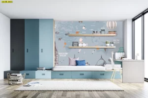 วอลเปเปอร์สั่งพิมพ์ห้องเรียนเด็กลายแผนที่โลกสัตว์น่ารักสไตล์การ์ตูนโทนสีฟ้าเทาพร้อมชั้นวางไม้ตกแต่งห้องนอนเด็กสมัยใหม่มินิมอลโมเดิร์นเหมาะสำหรับครูอนุบาลโรงเรียนเอกชนเสริมพัฒนาการเด็กปฐมวัยเรียนรู้ภูมิศาสตร์ทวีปประเทศสัตว์แต่ละแหล่ง