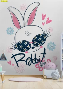 กราฟิกลายกระต่ายใส่แว่นโทนชมพู-กรม ให้ลุคชิคสำหรับห้องเด็กผู้หญิง ใช้ได้ทั้งผ้าแคนวาสและสติ๊กเกอร์ 3M​