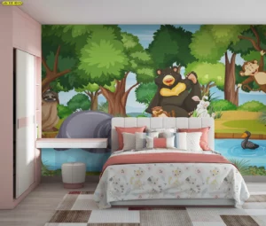 วอลเปเปอร์ลายสัตว์ป่า สไตล์การ์ตูนน่ารักโทนสีเขียวสดใสมีหมี สลอธ ลิง และกระต่าย เหมาะตกแต่งห้องนอนเด็กและร้านอาหารครอบครัว