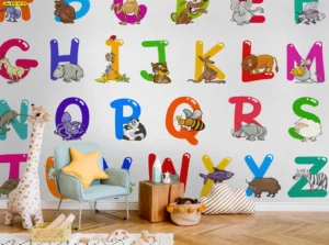 ภาพติดผนังห้องเรียนอนุบาลลายตัวอักษรภาษาอังกฤษ สีสันสดใสพร้อมภาพประกอบสัตว์น่ารักแต่ละตัวอักษรสไตล์การ์ตูน3มิติ