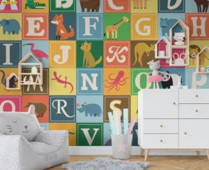 วอลเปเปอร์ลายการ์ตูน ตัวอักษรภาษาอังกฤษAถึงZพร้อมภาพประกอบสัตว์น่ารักในกรอบสี่เหลี่ยมหลากสีแบบวินเทจสื่อการสอนสำหรับครูอนุบาลเสริมพัฒนาการเด็กปฐมวัยโรงเรียนเอกชน