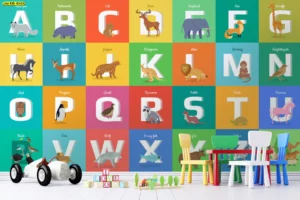 ภาพติดผนังห้องเรียนเด็กลายตัวอักษรภาษาอังกฤษAถึงZพ ร้อมชื่อสัตว์แต่ละตัวในกรอบสี่เหลี่ยมหลากสีสไตล์โมเดิร์นเรโทร