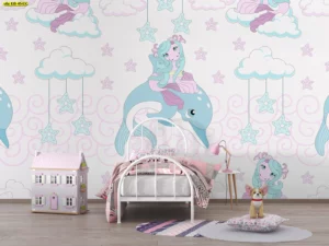 วอลเปเปอร์ลายเงือกน้อยขี่ปลาโลมาพาสเทล โทนชมพู-ฟ้า พร้อมก้อนเมฆและดาวน่ารัก เหมาะผนังหัวเตียงห้องเด็กผู้หญิง