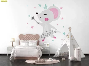 วอลเปเปอร์หนูน้อยนักบัลเลต์ถือไม้กายสิทธิ์ โทนชมพู-เทาพาสเทล ล้อมด้วยดาวระยิบระยับ เหมาะสร้างบรรยากาศหวานละมุนในห้องนอนเด็กหญิง