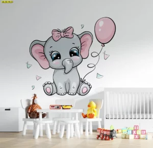 วอลเปเปอร์ช้างน้อยผูกโบว์ถือบอลลูนสีชมพู สไตล์ Kawaii เสริมความอบอุ่นให้มุมเล่นและมุมอ่านนิทานของเด็กเล็ก