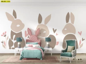 วอลเปเปอร์กระต่ายโทนเบจพาสเทลสไตล์กราฟิก เรียบแต่มีคาแรกเตอร์ เหมาะผนังหัวเตียงเด็กหญิง จับคู่ชุดเครื่องนอนชมพู-เขียวมินต์