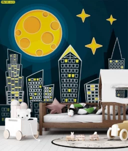 ภาพพระจันทร์ดวงใหญ่ ดาวสามดวง เมืองกราฟิกเส้นหนา โทนน้ำเงิน-เหลือง สร้างจุดเด่นบนหัวเตียงเด็ก