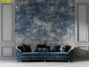 สไตล์วอลเปเปอร์ลายกราฟิกขูดขีดสีน้ำเงิน เน้นดีไซน์ unique ให้ผนังห้องนั่งเล่นดูโดดเด่นไม่ซ้ำใคร เหมาะกับงานออกแบบสตูดิโอหรือโถงออฟฟิศขนาดใหญ่