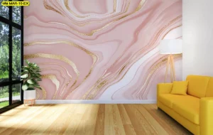 วอลเปเปอร์ลายหินอ่อนศิลปะโทนชมพูทอง สำหรับตกแต่งผนังห้องรับแขกหรือห้องนั่งเล่น ช่วยเพิ่มความโดดเด่นและหรูหรา โดดเด่นด้วยเส้นลายทองผสมผสานอย่างลงตัวกับลายหินอ่อนสีชมพู เหมาะสำหรับบ้านที่ต้องการความสดใสและอบอุ่น