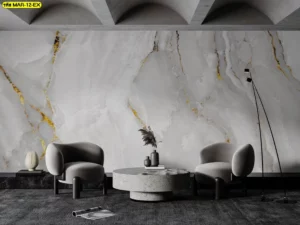 วอลเปเปอร์หินอ่อนขาวเหลืองทอง ดีไซน์โมเดิร์นลายเส้นทองเหมาะสำหรับห้องนั่งเล่นหรือห้องรับแขก เน้นความสุขุม ดูมีรสนิยม และสามารถแมตช์กับโซฟาและเฟอร์นิเจอร์สีเข้มสไตล์ทันสมัย