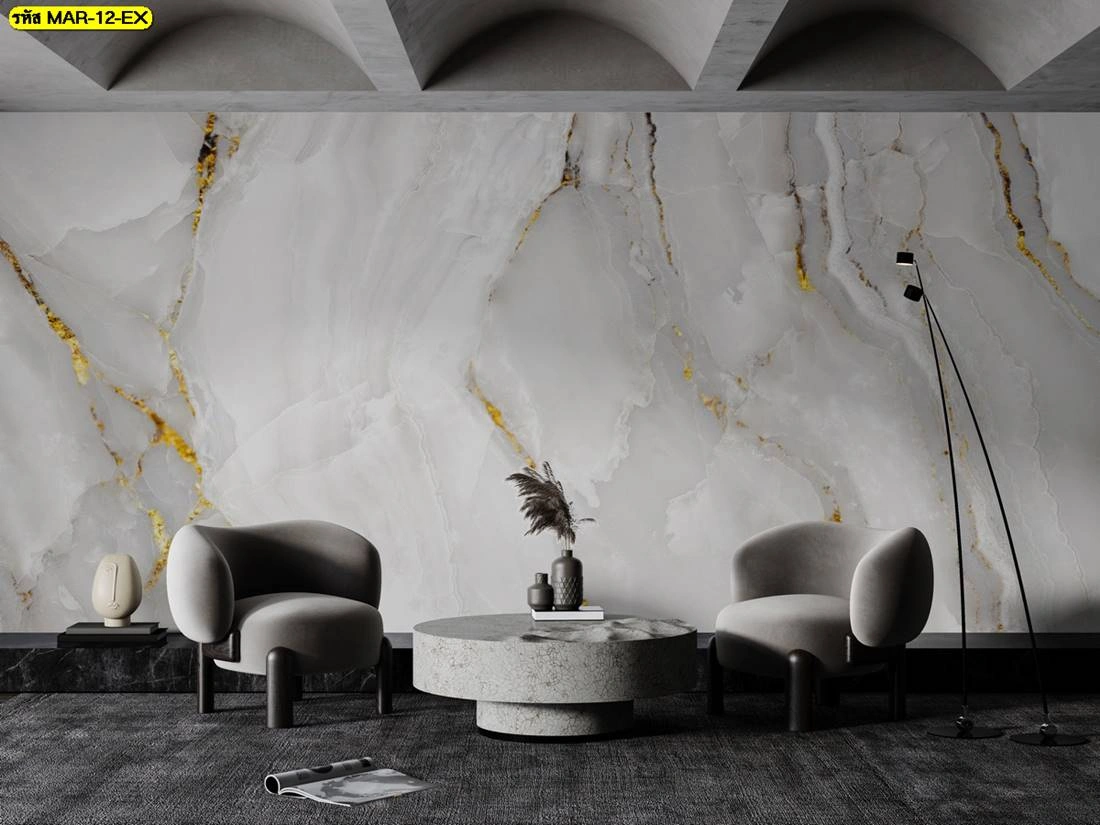 วอลเปเปอร์หินอ่อนขาวเหลืองทอง ดีไซน์โมเดิร์นลายเส้นทองเหมาะสำหรับห้องนั่งเล่นหรือห้องรับแขก เน้นความสุขุม ดูมีรสนิยม และสามารถแมตช์กับโซฟาและเฟอร์นิเจอร์สีเข้มสไตล์ทันสมัย