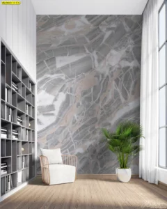 วอลเปเปอร์หินอ่อนสีเทาบรอนซ์ ตกแต่งผนังห้องอ่านหนังสือยกระดับความหรูหราสะท้อนแสงธรรมชาติและความสงบเรียบหรูในมุมส่วนตัว