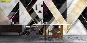 วอลเปเปอร์หินอ่อน Geometric Art ดีไซน์รูปทรงเรขาคณิต สีดำ ทอง ม่วง ขาวโดดเด่น สร้างอารมณ์โมเดิร์นลักชัวรีให้กับห้องทานข้าวหรือโชว์รูมมุมพิเศษ