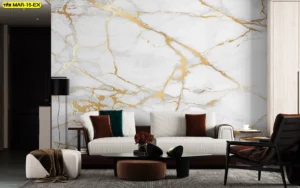 วอลเปเปอร์หินอ่อนขาวทอง เน้นดีไซน์เรียบหรูแมตช์โซฟาอย่างมีระดับ ตกแต่งห้องรับแขกด้วยลวดลายศิลปะทันสมัยเสริมความสุขุมสว่าง ออร่า โดดเด่น