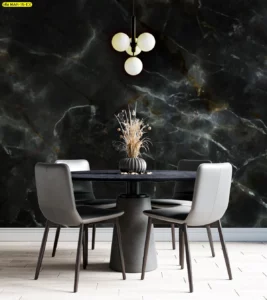 วอลเปเปอร์ลายหินอ่อนสีดำทอง ติดผนังห้องอาหารโรงแรมบูทีค ดีไซน์เรียบหรูและทันสมัย ครบทุกฟังก์ชันความงาม