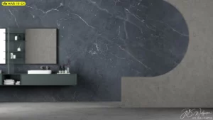 วอลเปเปอร์ลายหินอ่อนสีเทาดำ ตกแต่งห้องน้ำโรงแรมบูทีค ให้บรรยากาศโมเดิร์นหรูหราและกลิ่นอายพรีเมียม