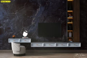 วอลเปเปอร์หินอ่อนโทนน้ำเงินเข้ม ผสมเส้นลายหินอ่อนเหมาะกับผนังห้องนั่งเล่นหรือมุมทีวีโรงแรมบูทีคเน้นความอบอุ่นและนวัตกรรม