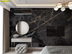 วอลเปเปอร์หินอ่อนดำทอง บนผนังห้องแต่งตัวโรงแรมบูทีค เสริมความโดดเด่นให้ห้องดูมีระดับและแตกต่าง