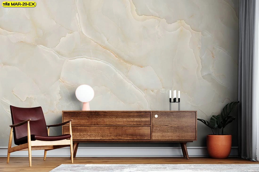 วอลเปเปอร์หินอ่อนขาวครีม ดีไซน์เรียบหรูดูอบอุ่นสำหรับตกแต่งผนังห้องนั่งเล่นหรือห้องรับแขก สไตล์โมเดิร์นคลาสสิกเหมาะกับเฟอร์นิเจอร์ไม้และของตกแต่งโทนธรรมชาติ เสริมให้บรรยากาศห้องดูสบายตา