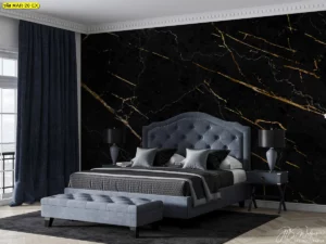 วอลเปเปอร์หินอ่อนสีดำแซมทอง ตกแต่งห้องนอนโรงแรมบูทีคดูทันสมัยตัดกับเฟอร์นิเจอร์เรียบหรูยกระดับบรรยากาศพักผ่อนพรีเมียม