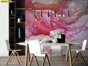 วอลเปเปอร์ศิลปะลายหินอ่อนชมพูม่วงและทองแต่งห้องทานอาหาร สีสดแบบงานศิลปะร่วมสมัย ทุกดีไซน์โดดเด่น